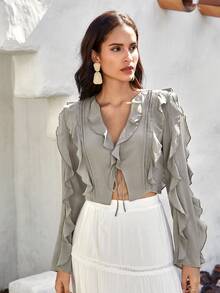 SHEIN VCAY 前繫帶荷葉邊短款襯衫 - 卡其色 - 查看 6