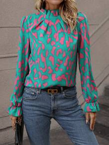 SHEIN LUNE Allover Print Flare Sleeve Mock Neck Blouse - Multicolor - View 6