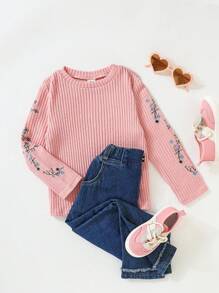 SHEIN Cô Gái Trẻ Thêu hoa Đồ đan Ribbed Áo thun - Bụi hồng - Xem 1