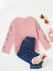 SHEIN Cô Gái Trẻ Thêu hoa Đồ đan Ribbed Áo thun - Bụi hồng - Xem 2