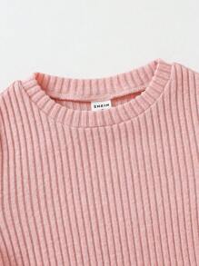 SHEIN Cô Gái Trẻ Thêu hoa Đồ đan Ribbed Áo thun - Bụi hồng - Xem 5