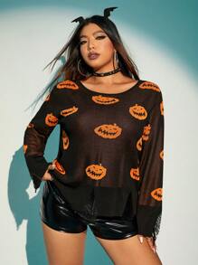 SHEIN ICON 大碼萬聖節南瓜圖案落肩袖套頭毛衣 - 黑色 - 查看 1