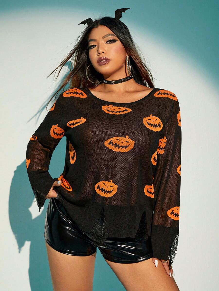 SHEIN ICON 大碼萬聖節南瓜圖案落肩袖套頭毛衣 - 黑色 - 查看 1
