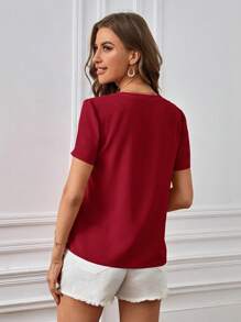 SHEIN Clasi Solid Button Front Notched Neck Blouse - Burgundy - View 2
