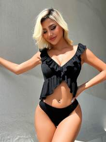 SHEIN Swim Ruffle Trim Tankini For Summer Beach Vacation - Black - View 1
