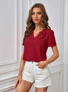 SHEIN Clasi Solid Button Front Notched Neck Blouse - Burgundy - View 3