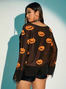 SHEIN ICON 大碼萬聖節南瓜圖案落肩袖套頭毛衣 - 黑色 - 查看 2