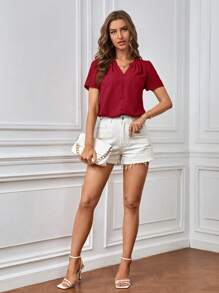 SHEIN Clasi Solid Button Front Notched Neck Blouse - Burgundy - View 4