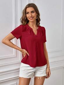 SHEIN Clasi Solid Button Front Notched Neck Blouse - Burgundy - View 5