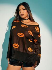 SHEIN ICON 大碼萬聖節南瓜圖案落肩袖套頭毛衣 - 黑色 - 查看 3