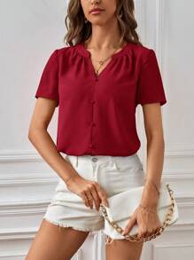 SHEIN Clasi Solid Button Front Notched Neck Blouse - Burgundy - View 6