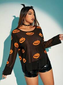 SHEIN ICON 大碼萬聖節南瓜圖案落肩袖套頭毛衣 - 黑色 - 查看 4