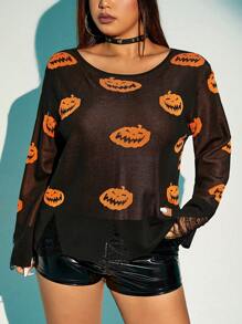 SHEIN ICON 大碼萬聖節南瓜圖案落肩袖套頭毛衣 - 黑色 - 查看 6