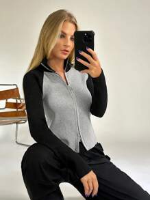 Muchica 雙色插肩袖拉鏈開襟開襟衫 - 灰色 - 查看 1