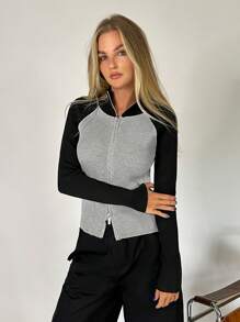 Muchica 雙色插肩袖拉鏈開襟開襟衫 - 灰色 - 查看 3