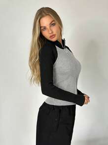 Muchica 雙色插肩袖拉鏈開襟開襟衫 - 灰色 - 查看 5