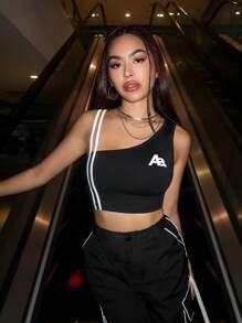 SHEIN EZwear Letter Graphic Striped Tape Side Crop Top - Black - View 1