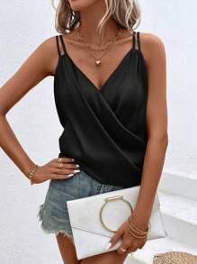 SHEIN Clasi 素色交叉圍裹吊帶上衣 - 黑色 - 查看 1