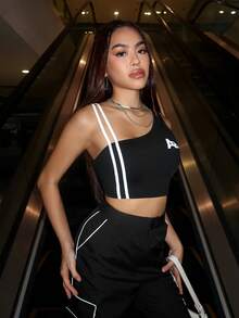 SHEIN EZwear Letter Graphic Striped Tape Side Crop Top - Black - View 3