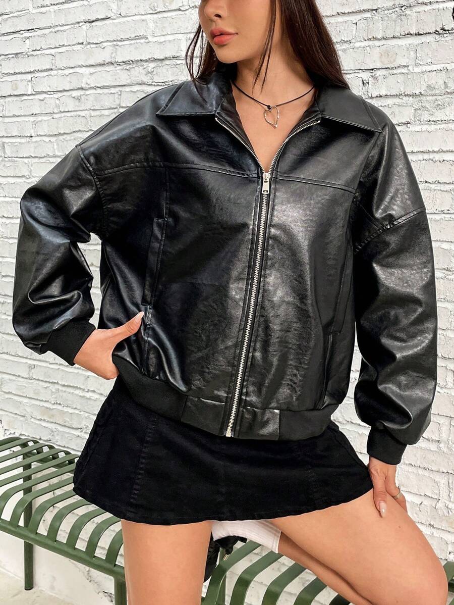 SHEIN EZwear Drop Shoulder Zipper Patent Black Jacket In Fall/Winter - Black - View 1