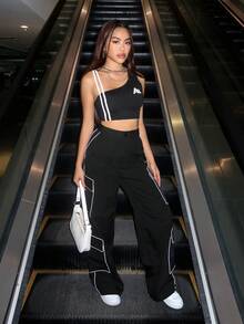 SHEIN EZwear Letter Graphic Striped Tape Side Crop Top - Black - View 5