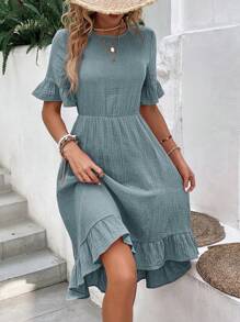 EMERY ROSE Flare Sleeve Ruffle Hem Dress - Dusty Blue - View 3