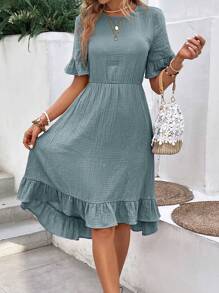 EMERY ROSE Flare Sleeve Ruffle Hem Dress - Dusty Blue - View 4