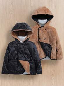 SHEIN 男童单件双排扣双向连帽泰迪熊衬垫外套 - 黑色 - 查看 1
