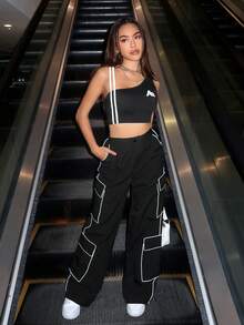 SHEIN EZwear Letter Graphic Striped Tape Side Crop Top - Black - View 6