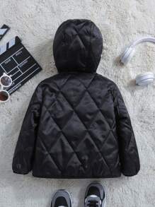 SHEIN 男童单件双排扣双向连帽泰迪熊衬垫外套 - 黑色 - 查看 4