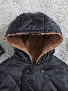 SHEIN 男童单件双排扣双向连帽泰迪熊衬垫外套 - 黑色 - 查看 7