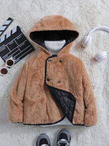 SHEIN 男童单件双排扣双向连帽泰迪熊衬垫外套 - 黑色 - 查看 8