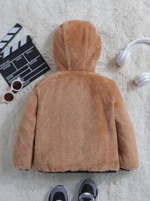 SHEIN 男童单件双排扣双向连帽泰迪熊衬垫外套 - 黑色 - 查看 9