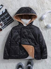 SHEIN 男童单件双排扣双向连帽泰迪熊衬垫外套 - 黑色 - 查看 11