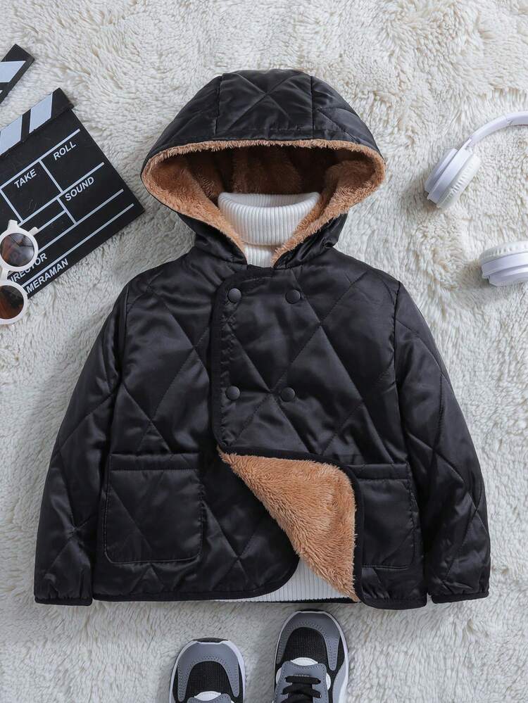SHEIN Áo khoác trẻ em 1 mảnh có mũ trùm đầu hai hàng khuy kép lót bông - màu đen - Xem 11