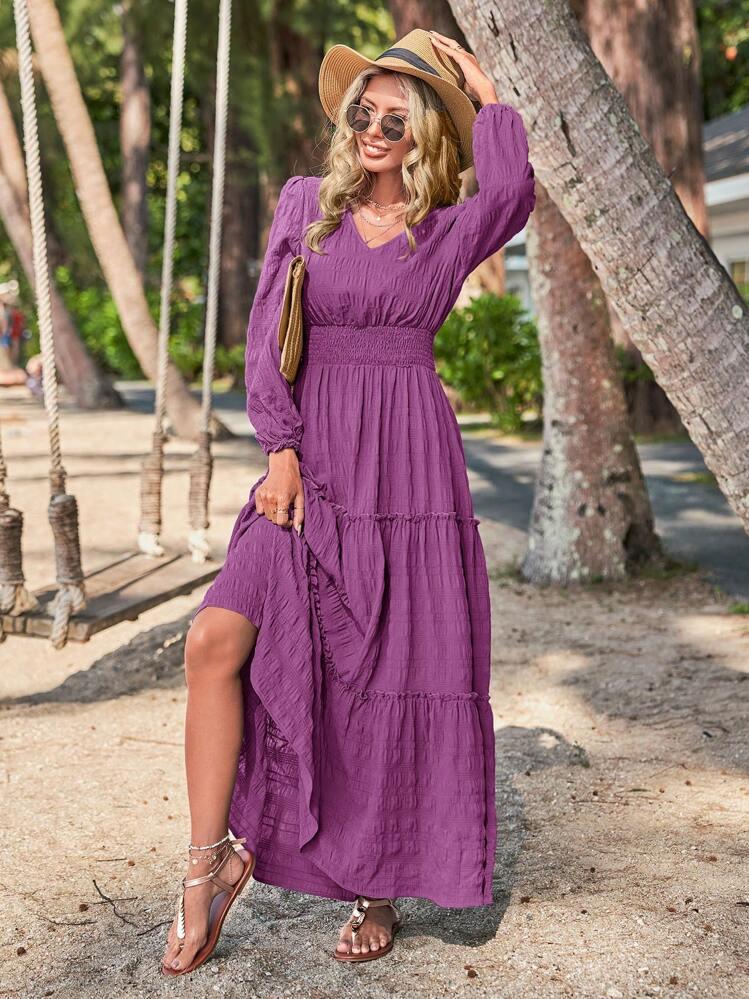 SHEIN LUNE 無地柄 フリル裾 A字ラインドレス | SHEIN JAPAN