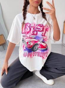 SHEIN EZwear Car & Letter Graphic Drop Shoulder Tee - White - View 1
