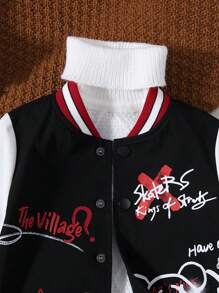 SHEIN Young Boy Slogan & Cartoon Graphic Striped Trim Varsity Jacket - Multicolor - View 8