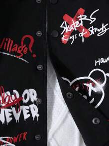 SHEIN Young Boy Slogan & Cartoon Graphic Striped Trim Varsity Jacket - Multicolor - View 6