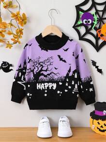 SHEIN 女小童萬聖節蝙蝠&字母圖案套頭毛衣 - 紫色 - 查看 1
