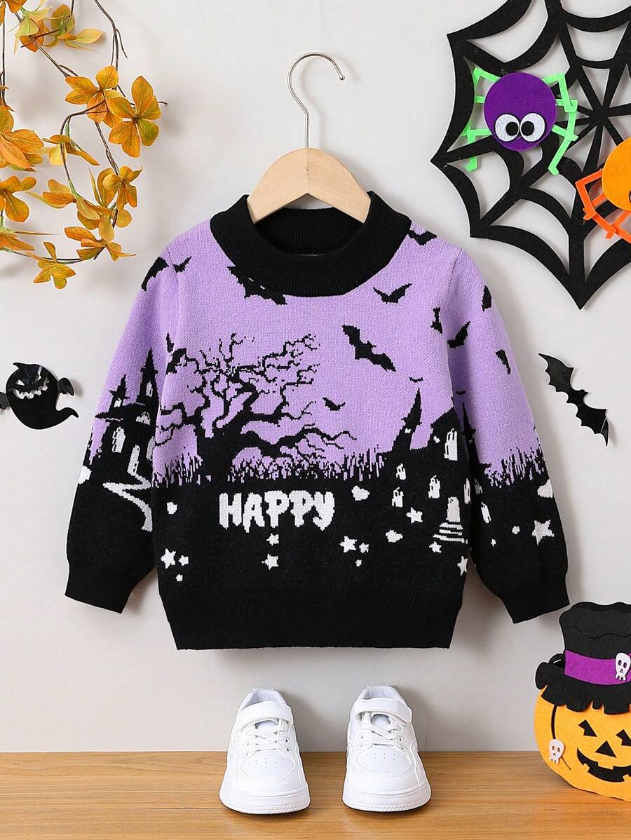 SHEIN 女小童萬聖節蝙蝠&字母圖案套頭毛衣 - 紫色 - 查看 1