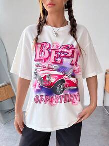 SHEIN EZwear Car & Letter Graphic Drop Shoulder Tee - White - View 4