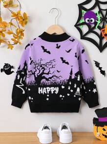 SHEIN 女小童萬聖節蝙蝠&字母圖案套頭毛衣 - 紫色 - 查看 2