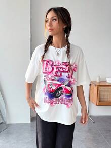 SHEIN EZwear Car & Letter Graphic Drop Shoulder Tee - White - View 5