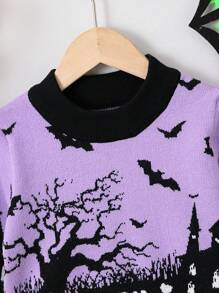 SHEIN 女小童萬聖節蝙蝠&字母圖案套頭毛衣 - 紫色 - 查看 3