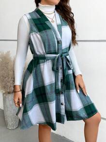 Calvaya Women's Plus Size Plaid Print Belted Dress - Green - View 4