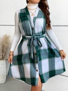Calvaya Women's Plus Size Plaid Print Belted Dress - Green - View 6