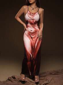 SHEIN ICON In Đồ họa Váy Dây - Đỏ - Xem 3