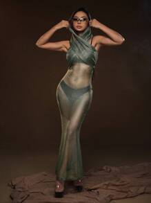 SHEIN ICON Vestido cruzado de malla sin set de lencería - Verde militar - Ver 1