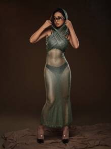 SHEIN ICON Vestido cruzado de malla sin set de lencería - Verde militar - Ver 5